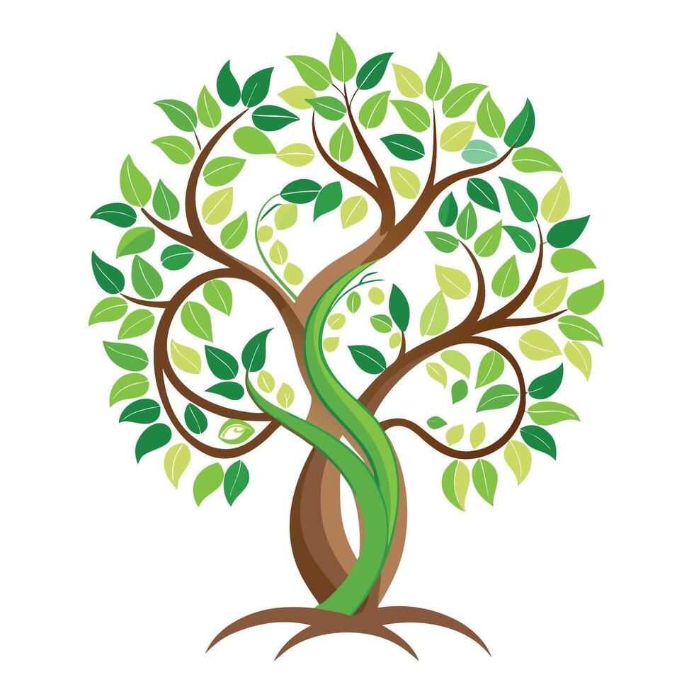 Organic tree design featuring lush vine spiral leaves conveying themes of growth and natural movement vector