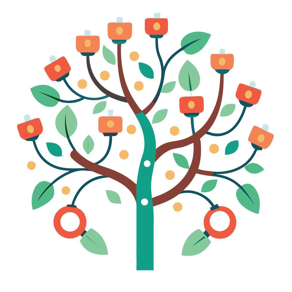 Intriguing tree illustration with branches shaped like magnets pulling in metal elements vector