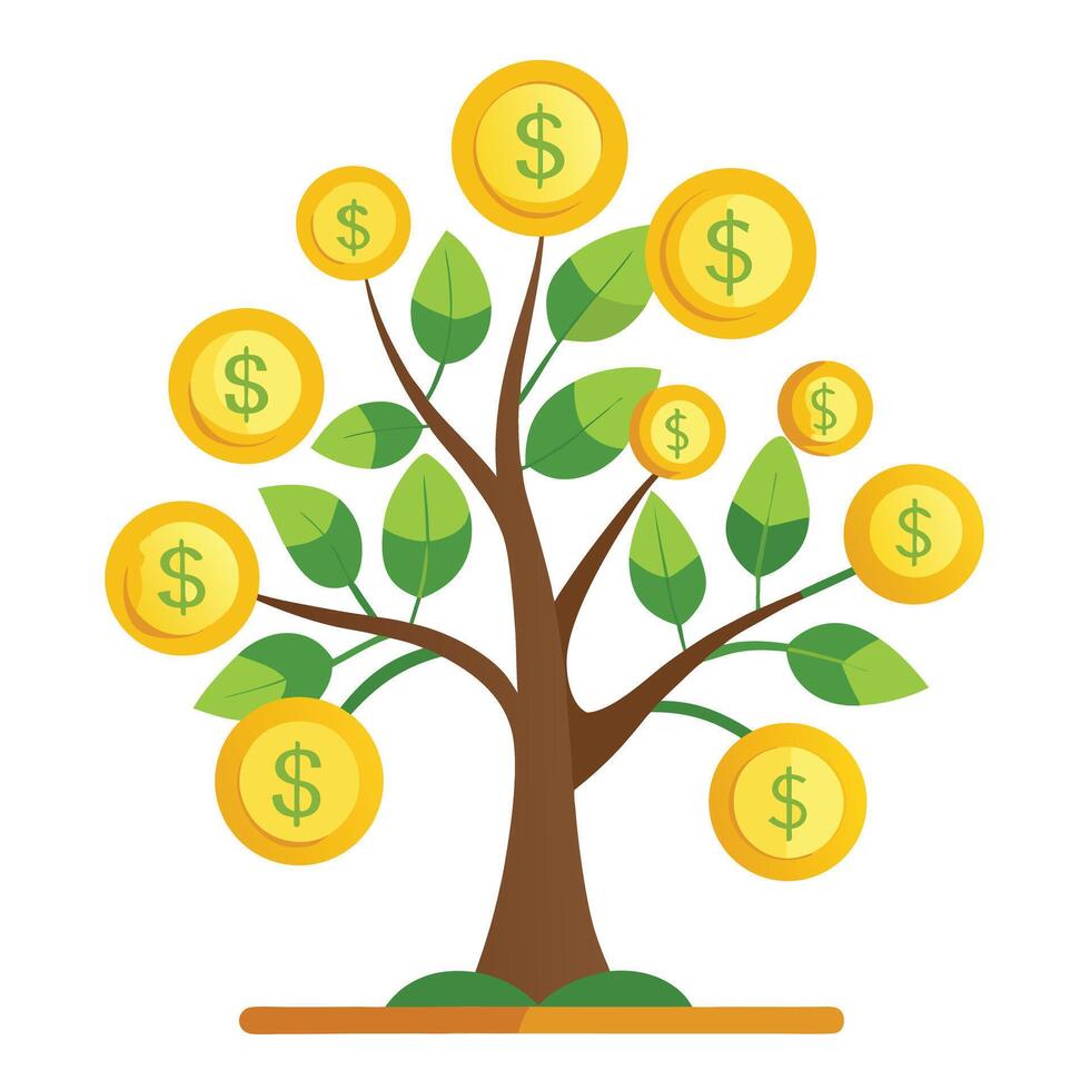 Investment tree illustration with money and gold coin leaves representing financial success vector