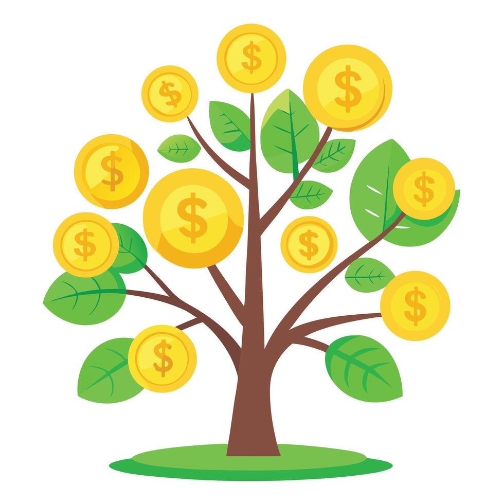 Wealth tree illustration with money and gold coin leaves representing finance vector