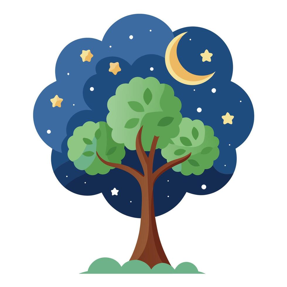 Night sky tree design featuring moon and star leaves in a modern flat style vector