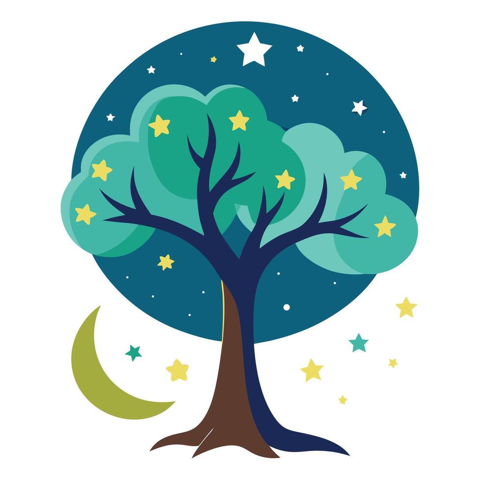Evening tree artwork with moon and star leaves generated for a simple flat style vector