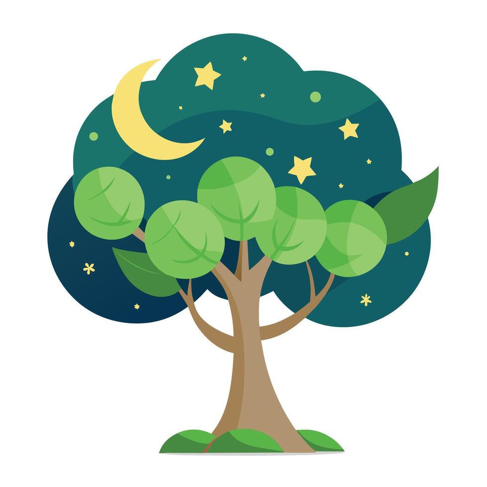 Starlit tree design featuring moon and star leaves in a modern flat style vector