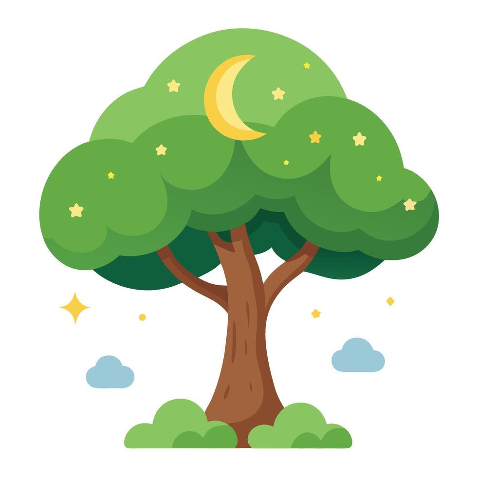 Night sky tree illustration with the moon and stars as the canopy vector