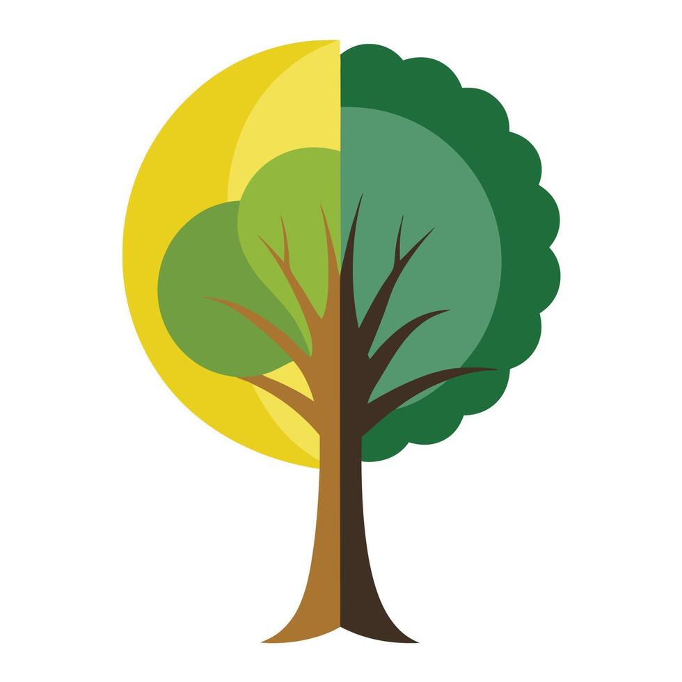 Opposing tree illustration with the moon and sun as divided canopy halves design vector