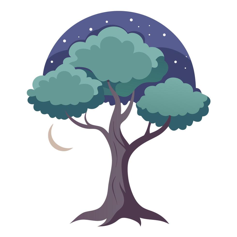 Nocturnal tree illustration with a moonlight shadow silhouette canopy at night vector