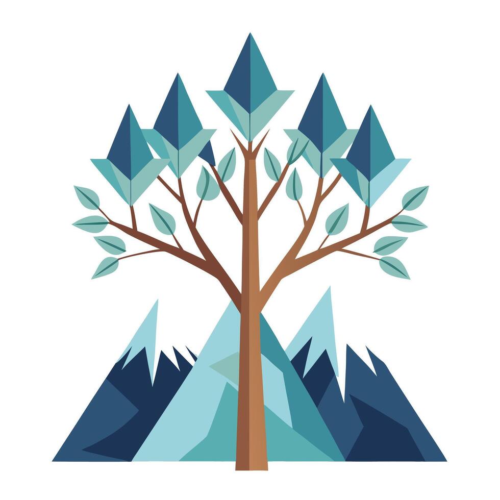 Dramatic tree illustration with multiple mountain peaks forming the impressive foliage vector