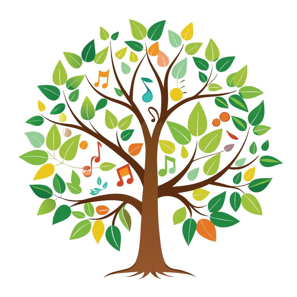 Animated tree illustration with musical notation forming the lively and unique leaves vector