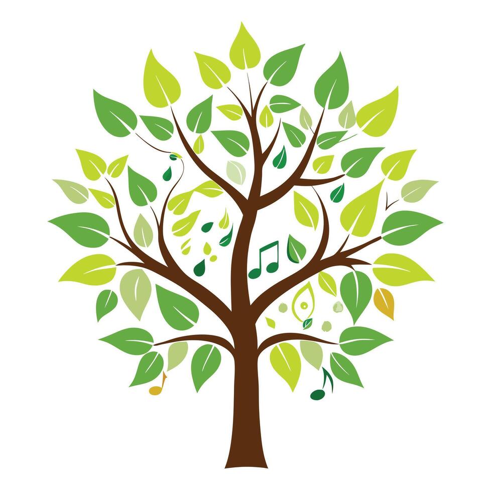 Energetic tree design with stylized musical notes composing the distinctive leaf elements vector