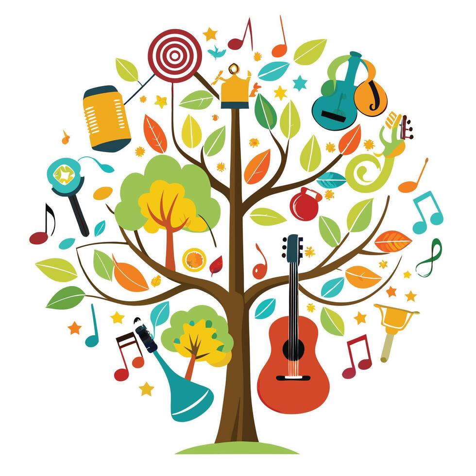 Melodic tree design with stylized musical notes and instruments composing the leaf elements vector