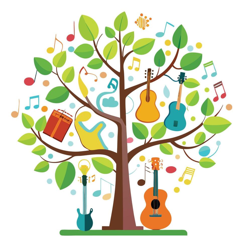 Harmonious tree artwork featuring musical notes and various instruments as leaves vector
