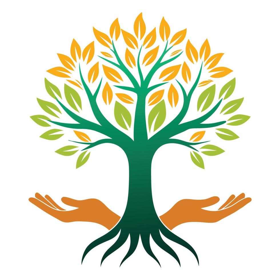 Nurturing tree graphic showcasing open hands as its supportive and grounding root structure vector