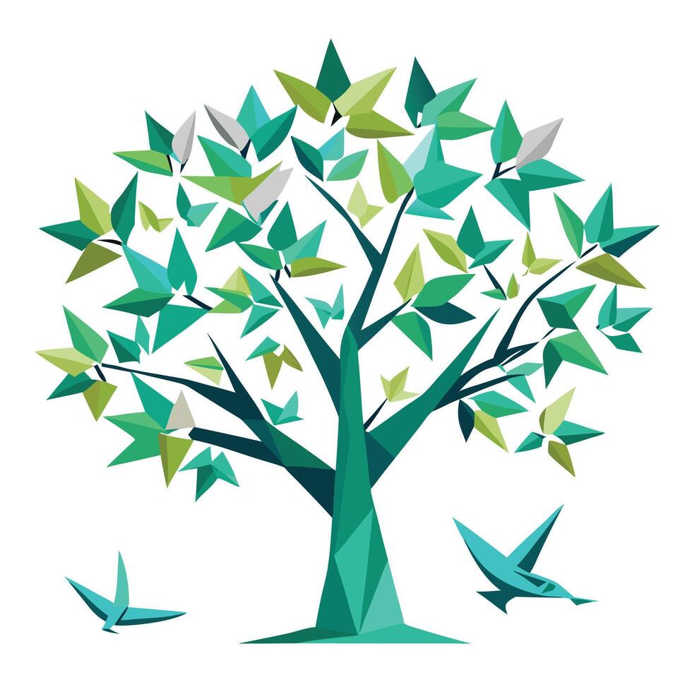 Delicate tree design with stylized origami birds composing the unique and folded leaf elements vector