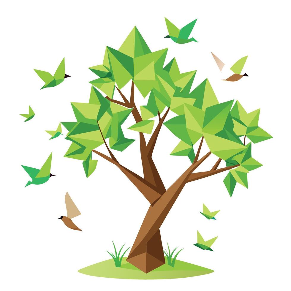Elegant tree illustration with delicate origami birds forming the unique and folded leaves vector