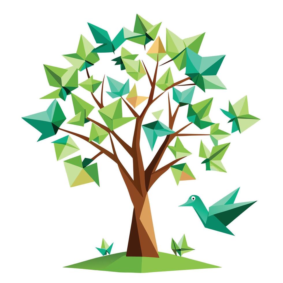 Unique tree artwork featuring various origami birds artistically arranged as the foliage vector