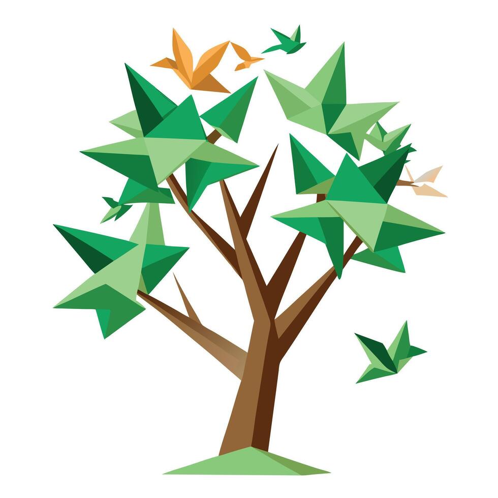 Graceful tree design with stylized origami birds composing the unique and folded leaf elements vector