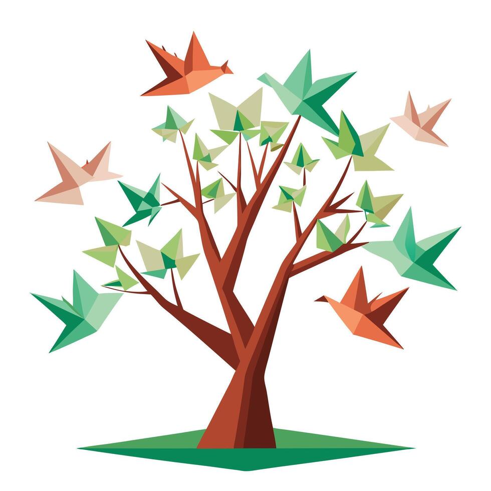 Graceful tree graphic showcasing folded paper birds resting gently on its branches vector