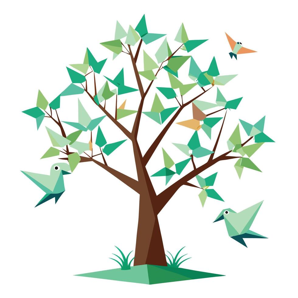 Delicate tree design with stylized origami birds sitting peacefully on the branch elements vector
