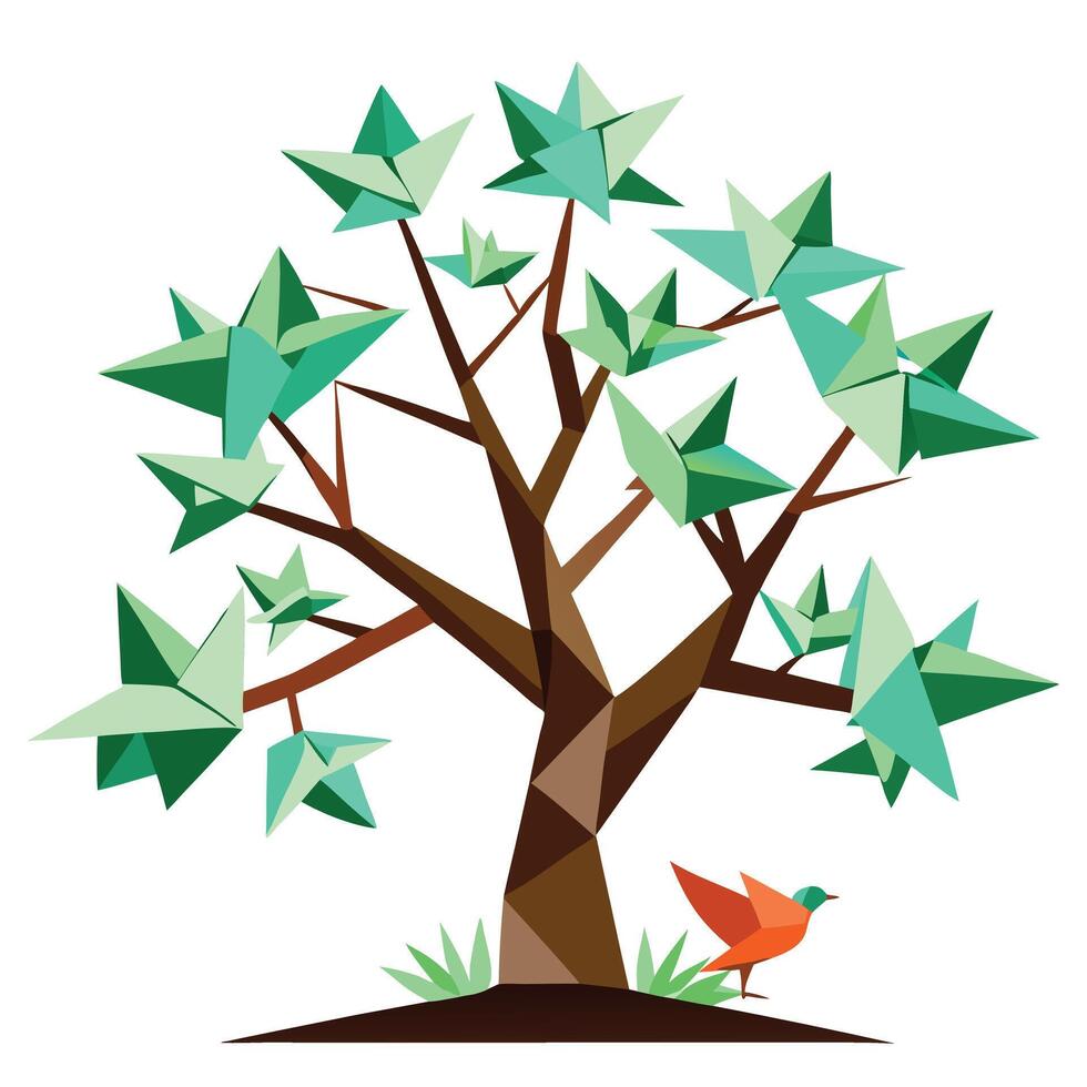 Artistic tree artwork featuring intricate origami birds elegantly placed on the branches vector