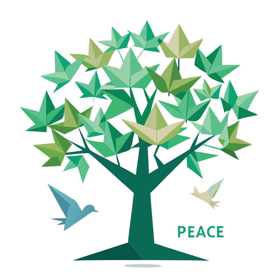 Delicate tree design with stylized origami cranes composing the unique and folded leaf elements vector