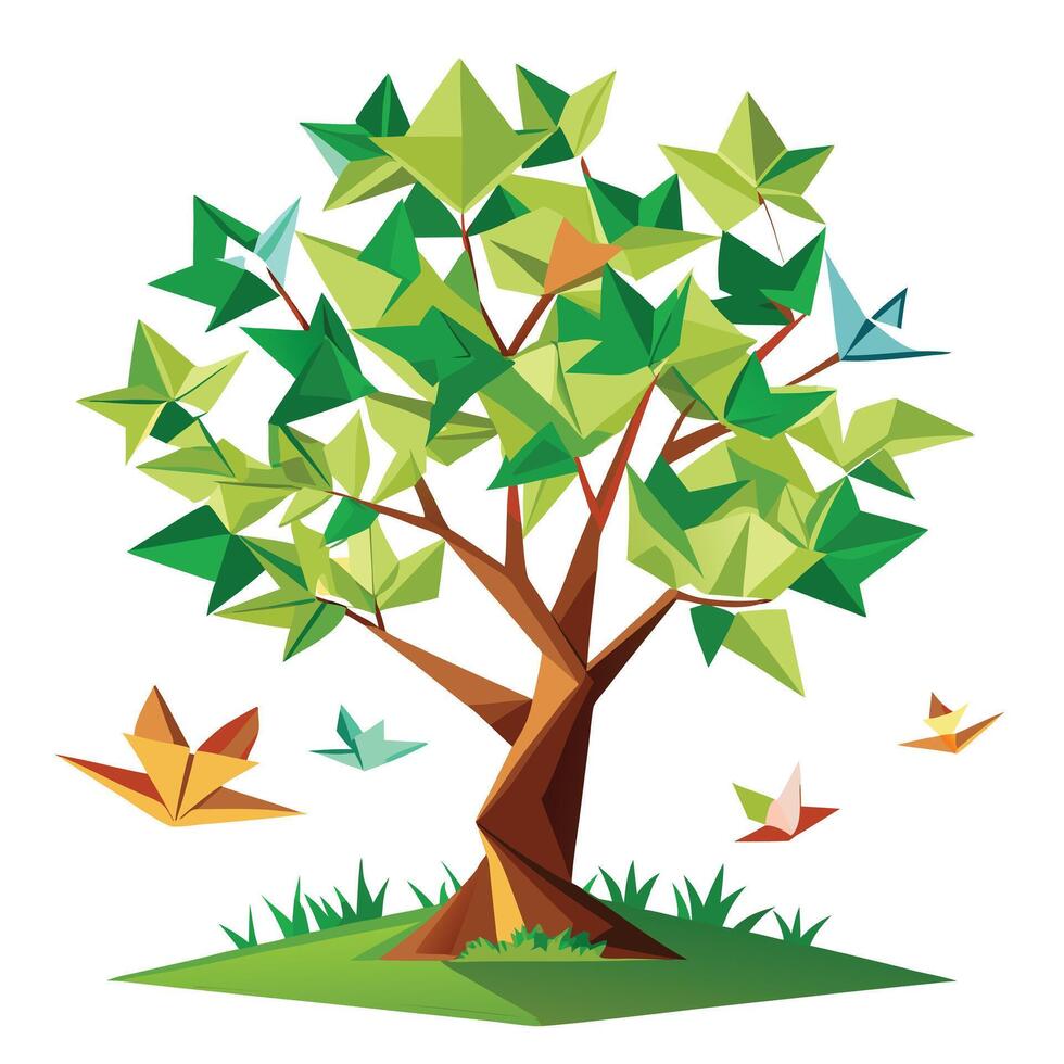 Unique tree artwork featuring various origami paper folds creatively arranged as leaves vector
