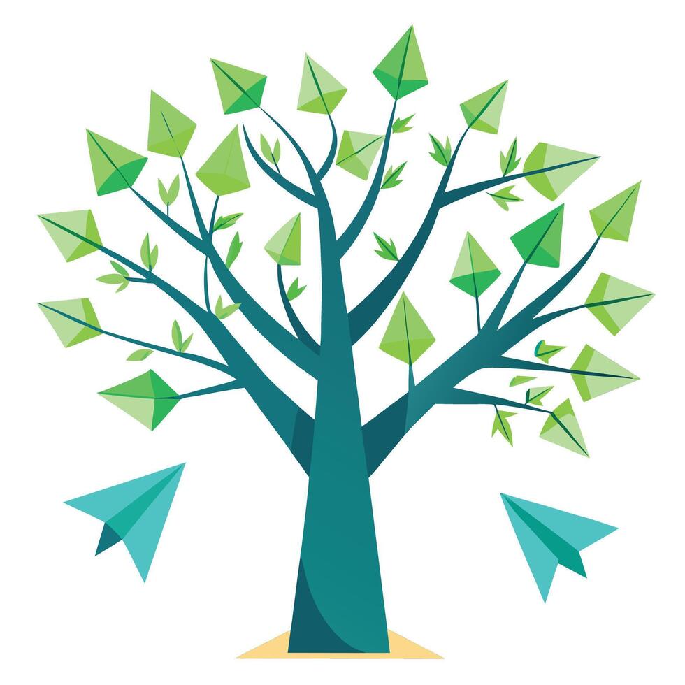 Soaring tree illustration with paper airplanes forming the unique and flying leaves vector