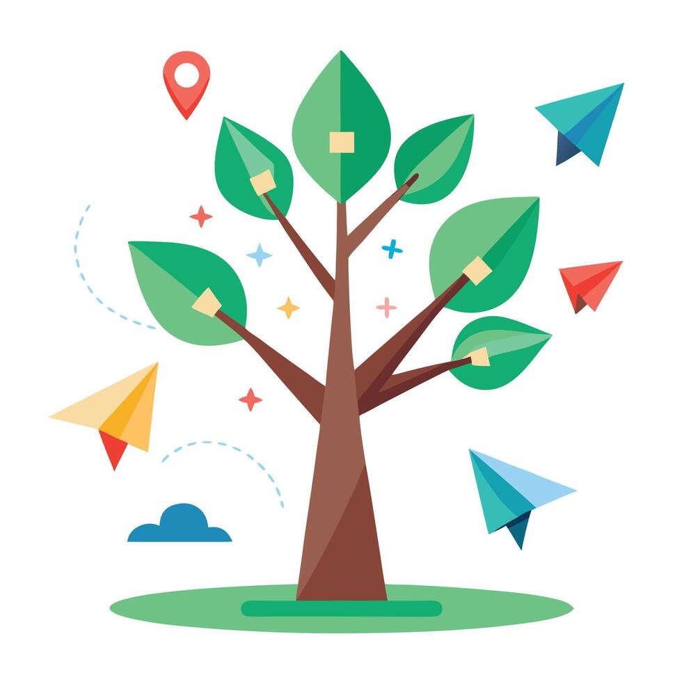 Journey Tree Paper Plane and Travel Symbols vector