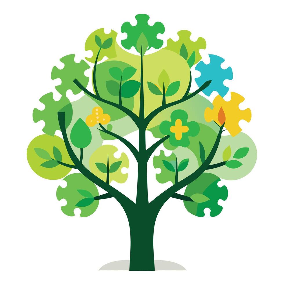 Unity Tree Puzzle Piece Leaves Representing Progress vector