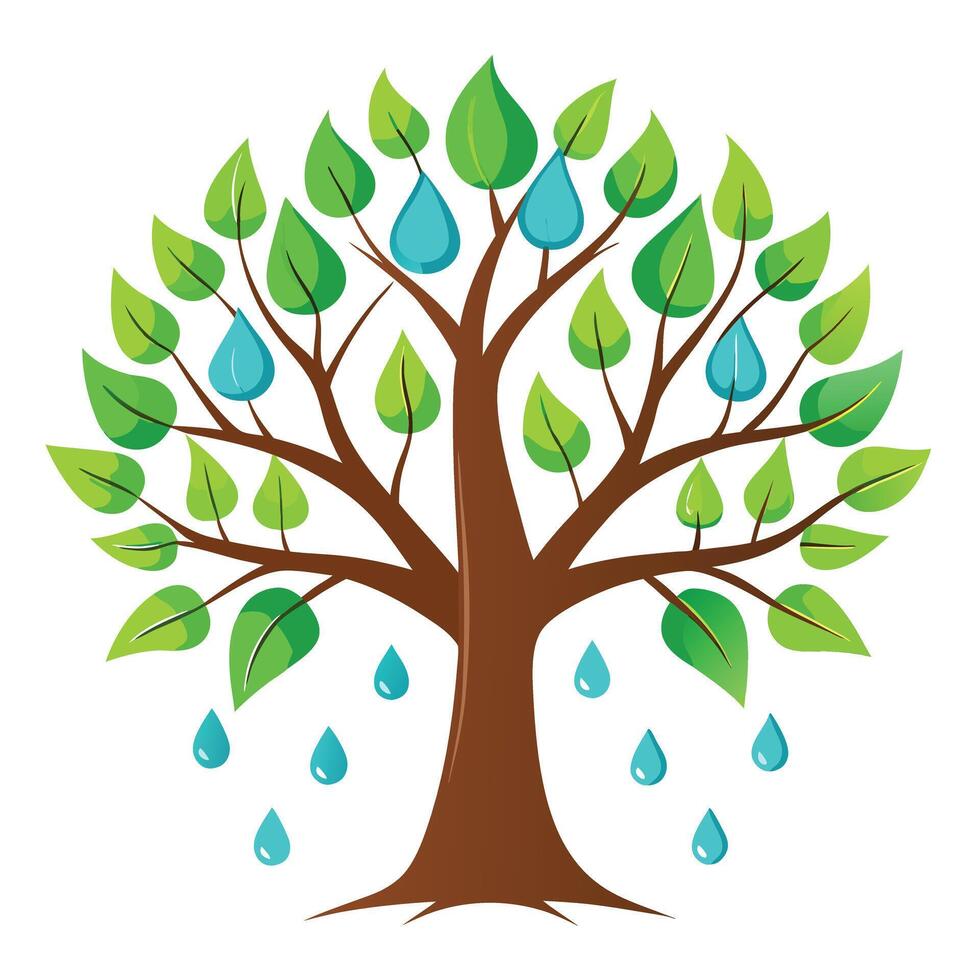 Designed Tree Flat Raindrop Shaped Leaves vector
