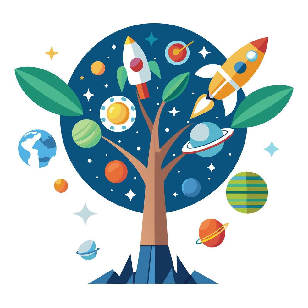 Cosmos Tree Rocket and Planet Leaf Design vector