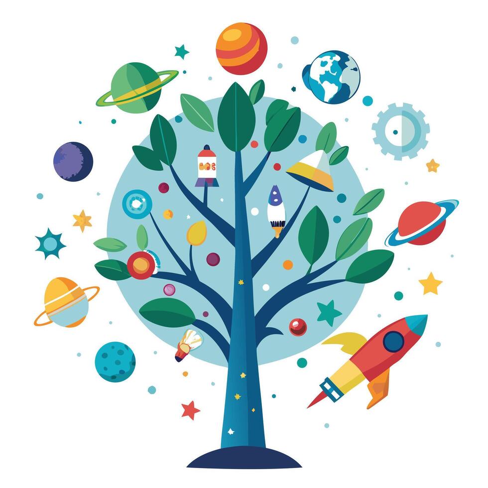 Cosmos Tree Rocket with Space Leaves Generation vector