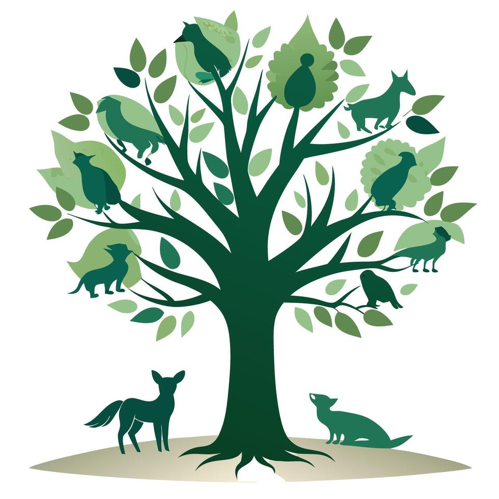 Silhouette Tree Shadow Leaf Design with Animals vector