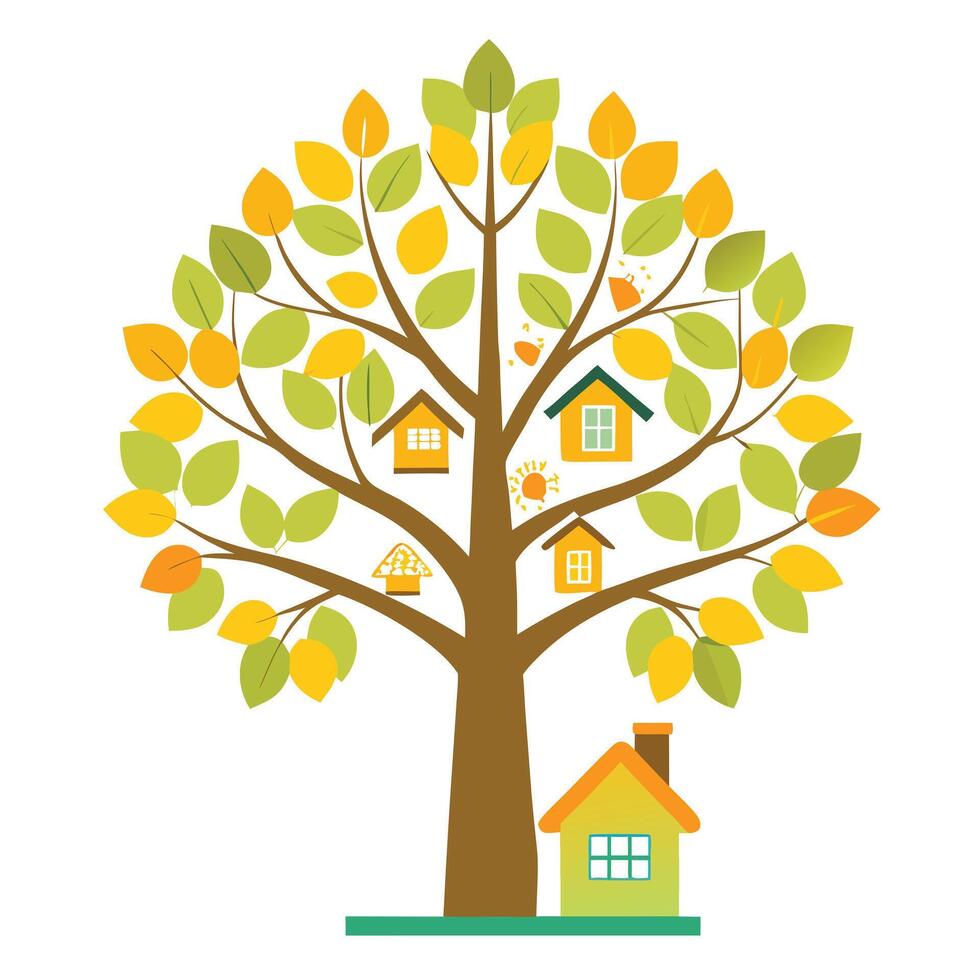 Designed Tree Small House Windows as Leaves vector