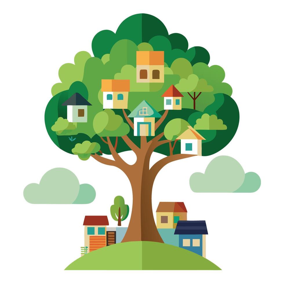 Eco House Tree Small Houses in Canopy and isolated background vector