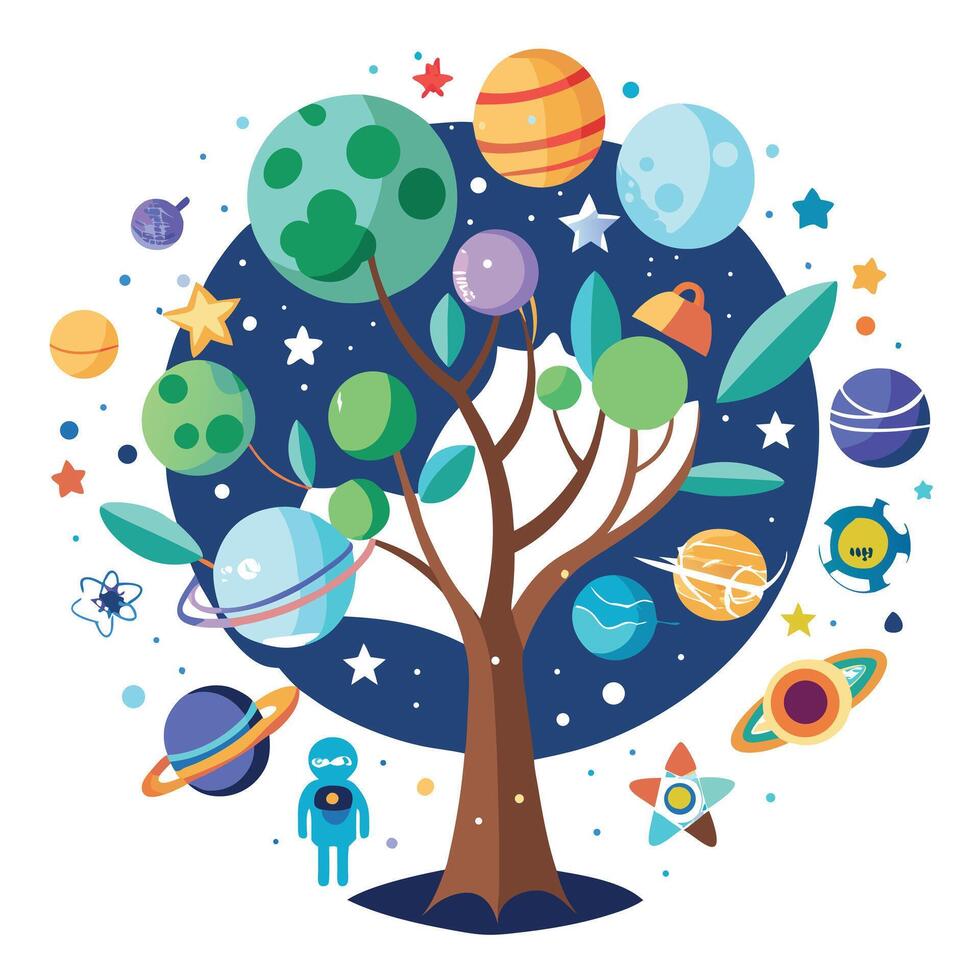 Cosmos Tree Flat Space Themed Leaves vector