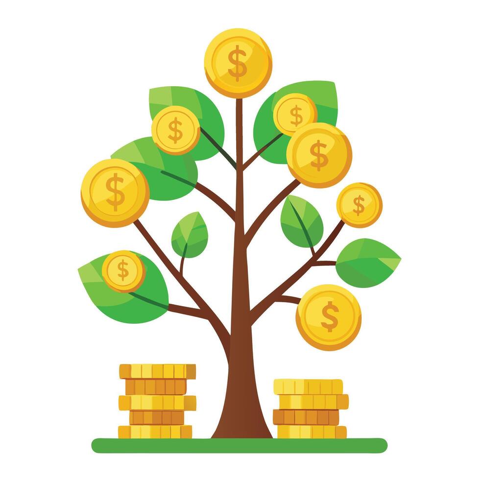 Money Tree Stacked Coins and Leaves vector