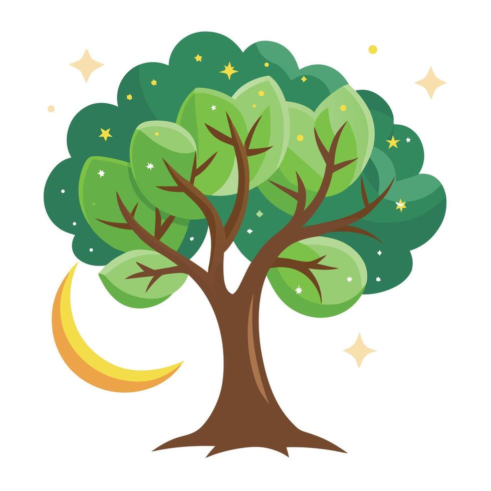 Night Sky Tree Star and Moon Leaf Design vector
