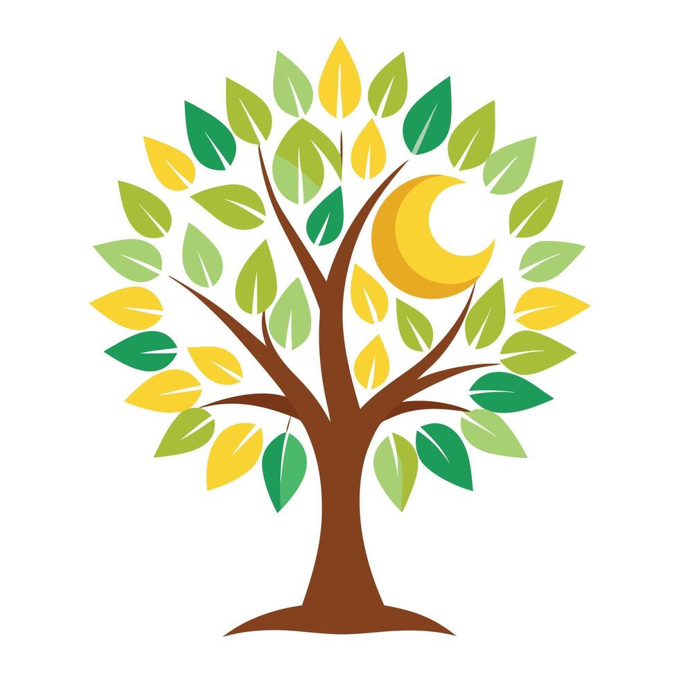 Unique tree artwork featuring creatively designed leaves shaped like the sun and the moon for magical themes vector