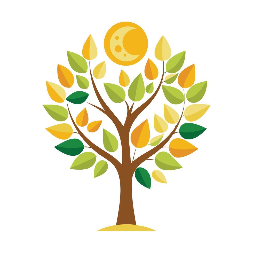 Artistic tree illustration with stylized sun and moon leaves creating a symbolic and imaginative scene vector