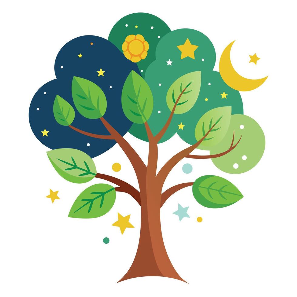 Enchanting tree design featuring stylized leaves depicting the sun, moon, and shining stars in the night sky vector