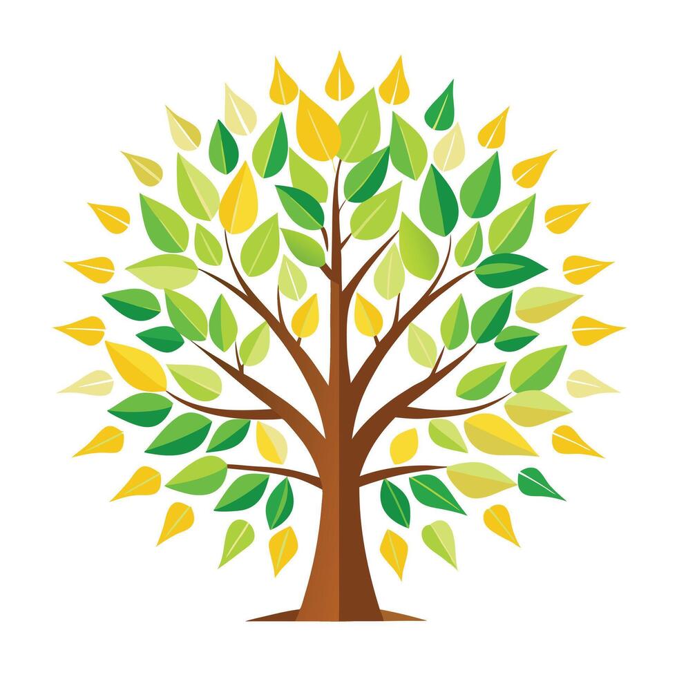 Vibrant tree illustration with a stylized sunburst canopy spreading light and warmth across the entire composition vector
