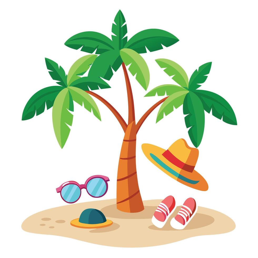 Whimsical tree illustration with stylized leaves featuring sunglasses and an assortment of sunny summer items vector