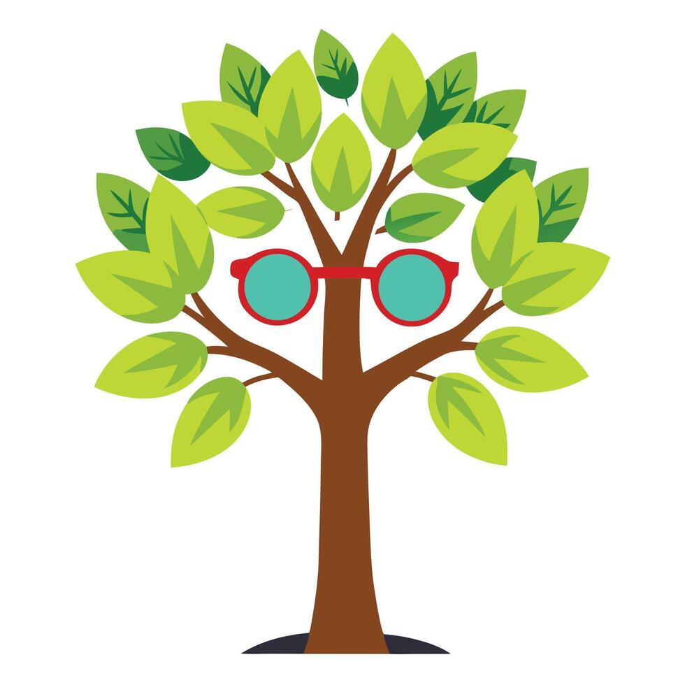 Humorous tree artwork showcasing creatively designed leaves with tiny sunglasses perched on them for a fun look vector