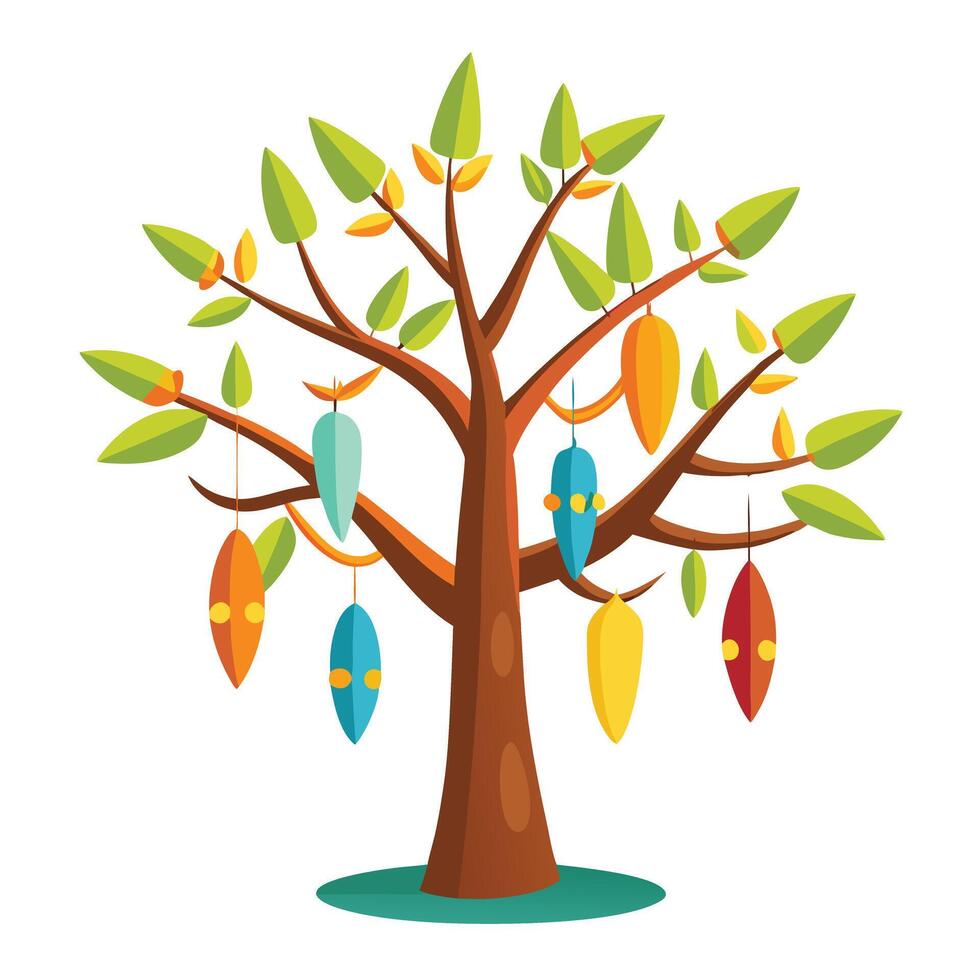 Beach-themed tree artwork showcasing creatively designed surfboards suspended as stylish leaves on the tree's branches vector