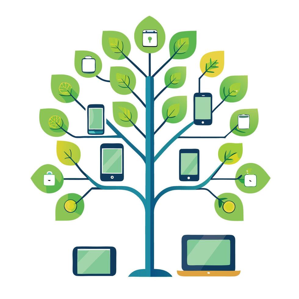 Innovative tree artwork showcasing creatively designed leaves decorated with diverse technology symbols for a connected world concept vector