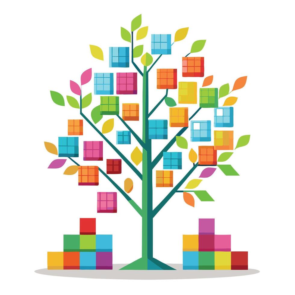 Creative tree design displaying stylized leaves in the form of vibrant Tetris blocks for a fun and engaging visual vector