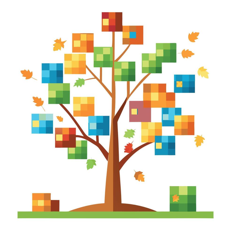 Unique tree illustration with stylized Tetris block leaves creating a visually interesting and geometric pattern vector