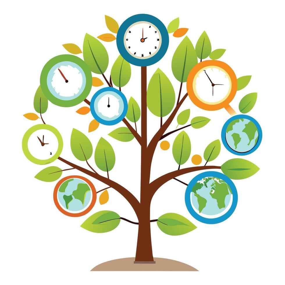 Creative tree design displaying stylized leaves in the form of world clocks showing different hours around the world vector