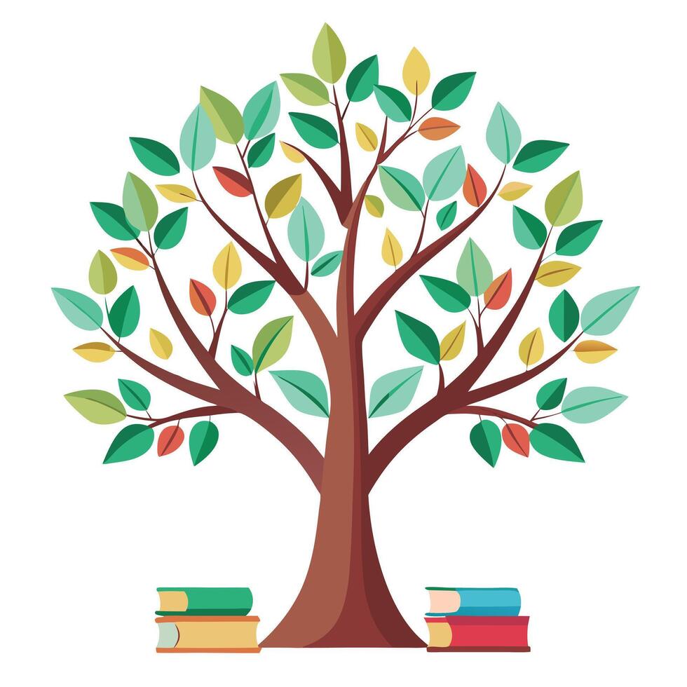 Educational tree artwork showcasing creatively designed leaves resembling tiny books representing learning and literature vector