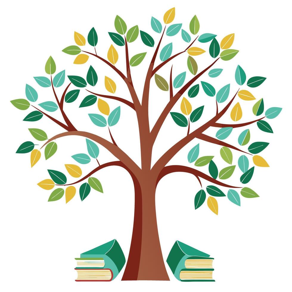 Creative tree design displaying stylized leaves in the form of small books for a whimsical representation of stories and knowledge vector